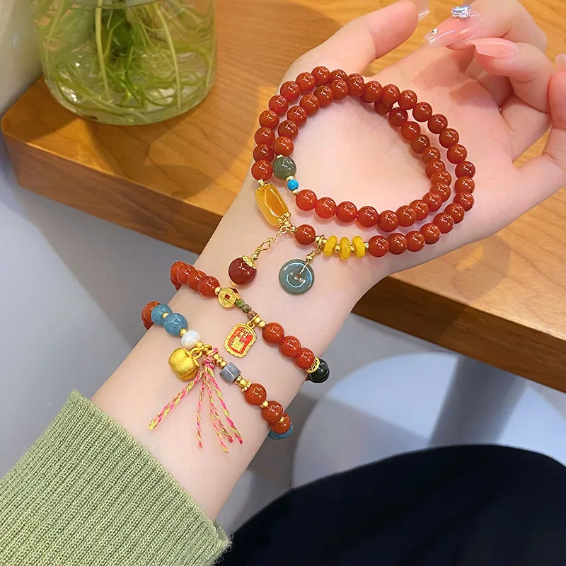 New Chinese Retro Temple Style Hand-Made Design Sense Nanhong Agate Peace Buckle Lucky Persimmon Pendant Bracelet