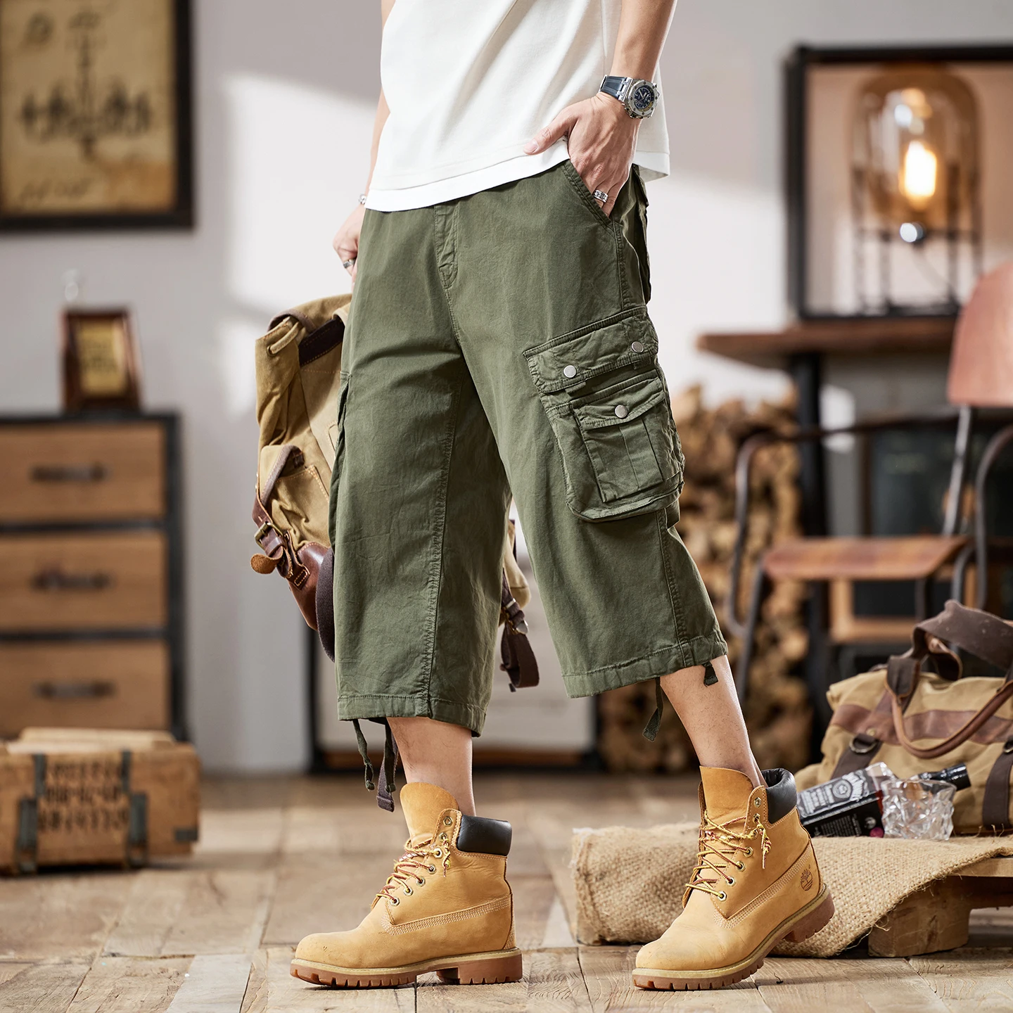 

American Retro Cargo Shorts for Men Eight-point Length Loose Straight Plus Size Lightweight Summer Style Vintage Croppe Pants