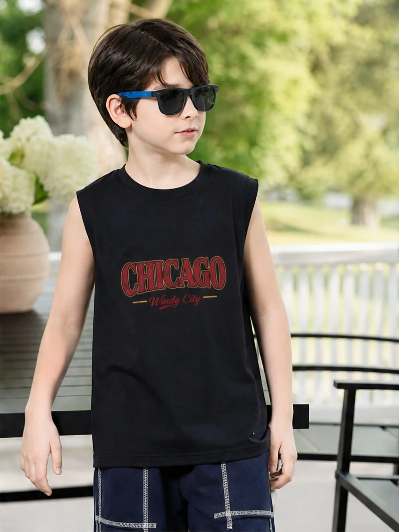 Boys Cotton Tank Top Vintage Chicago Letter Print Sleeveless T‑Shirt Wide Shoulder Loose Fit  Summer Casual Vest 100‑160cm