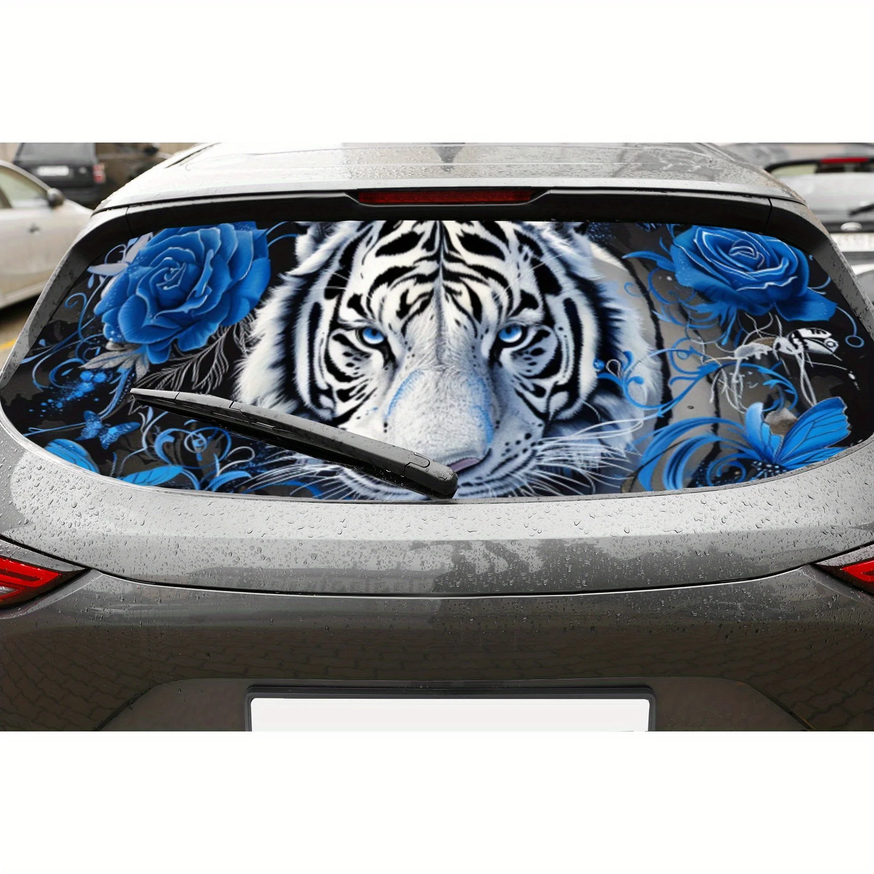 

Blue Rose White Tiger PVC Perforated Car Vinyl Wraps, Privacy Enhancing Design for Rear Window, Car Rear Windshield Sticker for