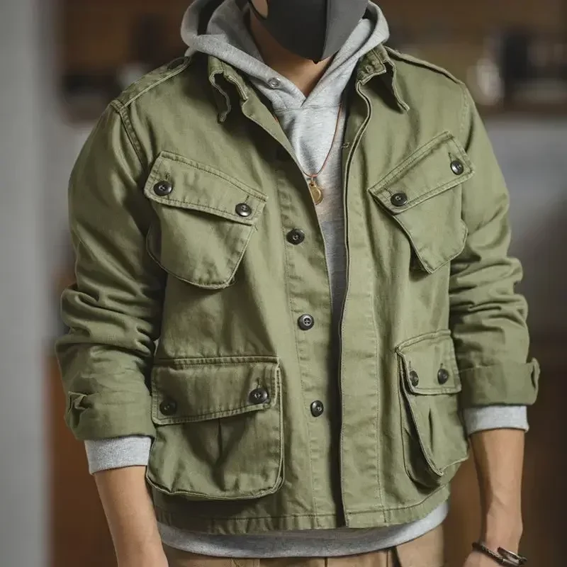 Bomber Jacket Men Multi-pockets Single Breasted Military Tactical Jacket Spring Autumn Windbreaker Solid Long Sleeve Retro Coats
