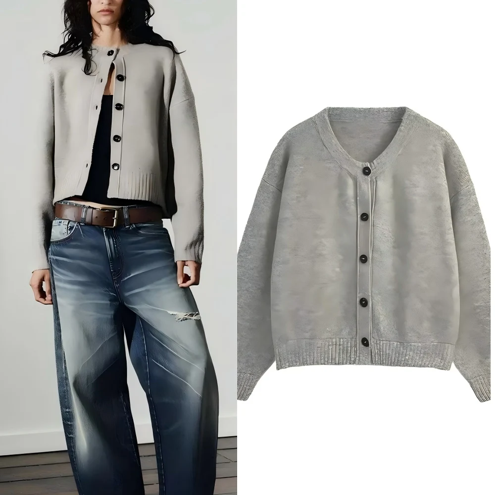 

Женский новый модный повседневный однобортный вязаный кардиган с мягкой текстурой в стиле ретро, женское пальто с круглым вырезом и длинными рукавами, шикарный топ