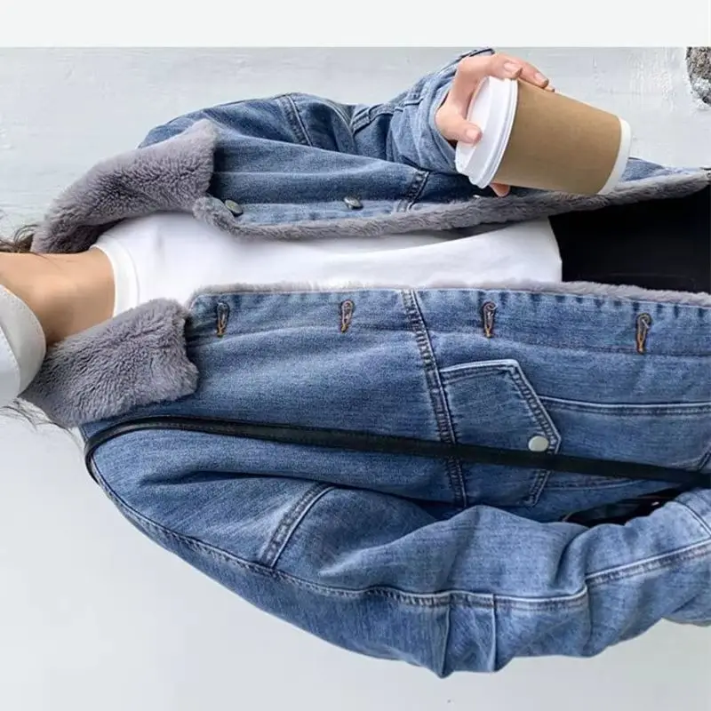 

Korean Feminine Loose Lamb Wool Outwear Ladies Casual Long Sleeves Cowboy Jacket Winter Women Fashion Patchwork Short Denim Coat