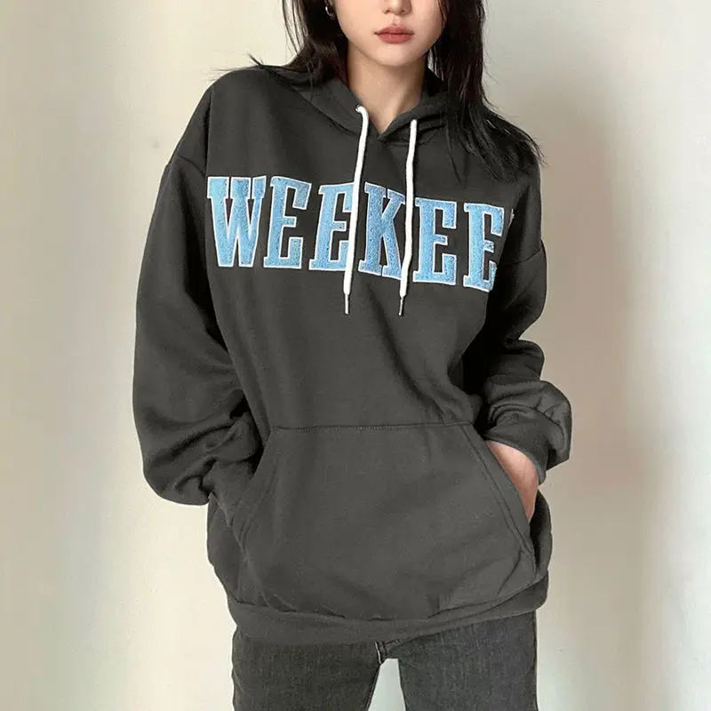 Hooded Sweatshirt High Quality With Letter Embroidery Flocking For Women Plus Velvet American Loose Slimming Inner And Outer Top