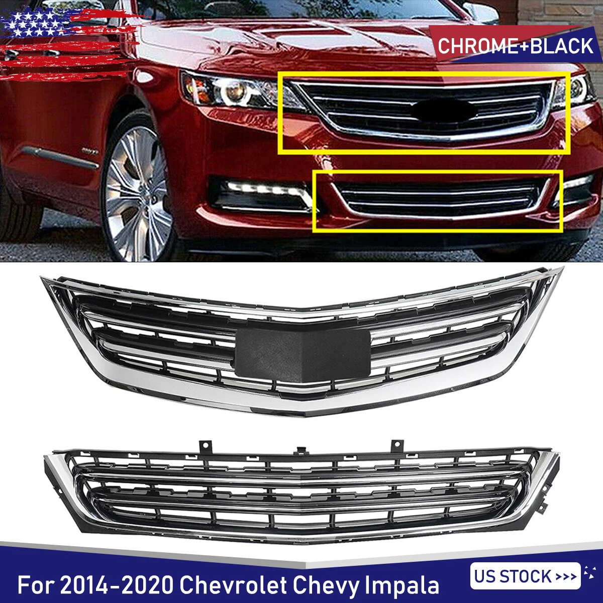

Передний бампер, верхняя и нижняя центральная решетка для Chevrolet Impala 2014-2020, хром + черная решетка в сборе