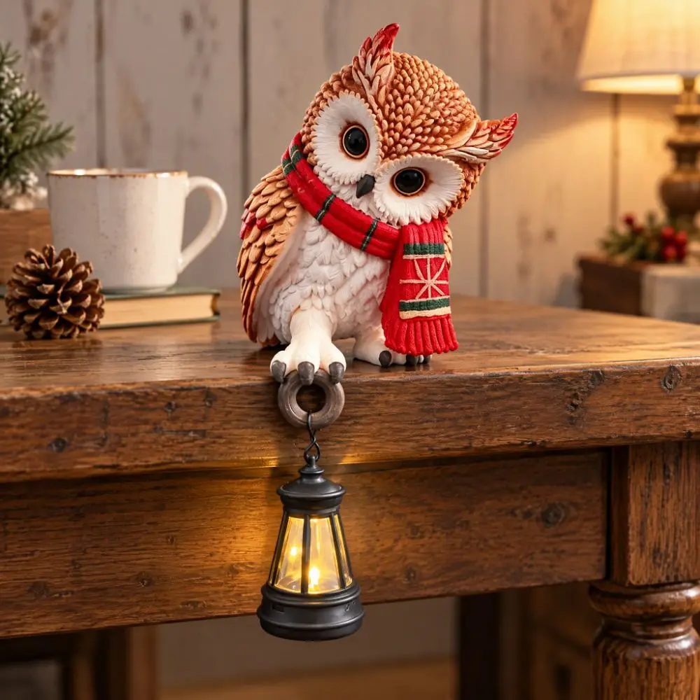 Resin Owl Figurine LED Light LED Lantern Owl Lantern Figurine Shelf Sitter LED Hanging Lantern Owl Statue Winter Holiday