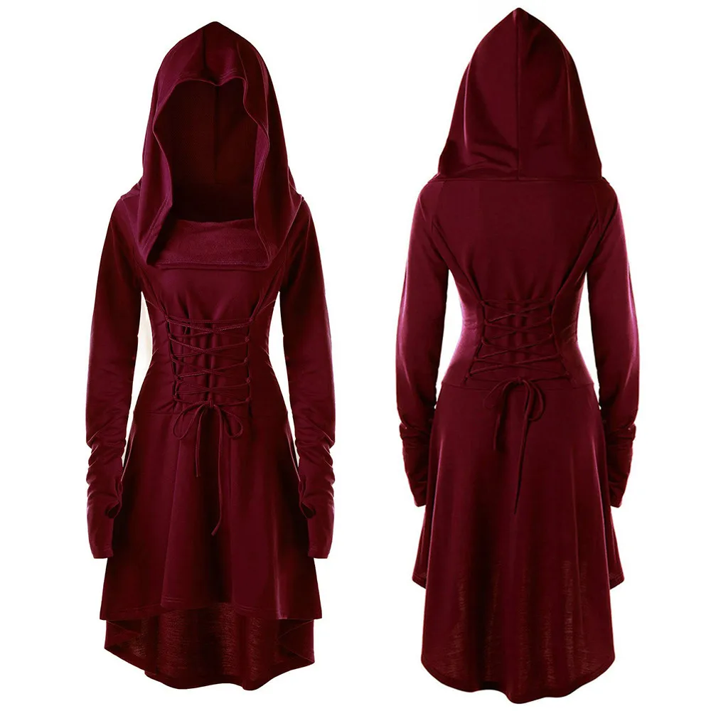 Hooded Winter Dresses Gothic Lace Up Slim Waist Belted Bandage Long Sleeve Hooded Vintage Slinky Bodycon Dress Cosplay Costumes