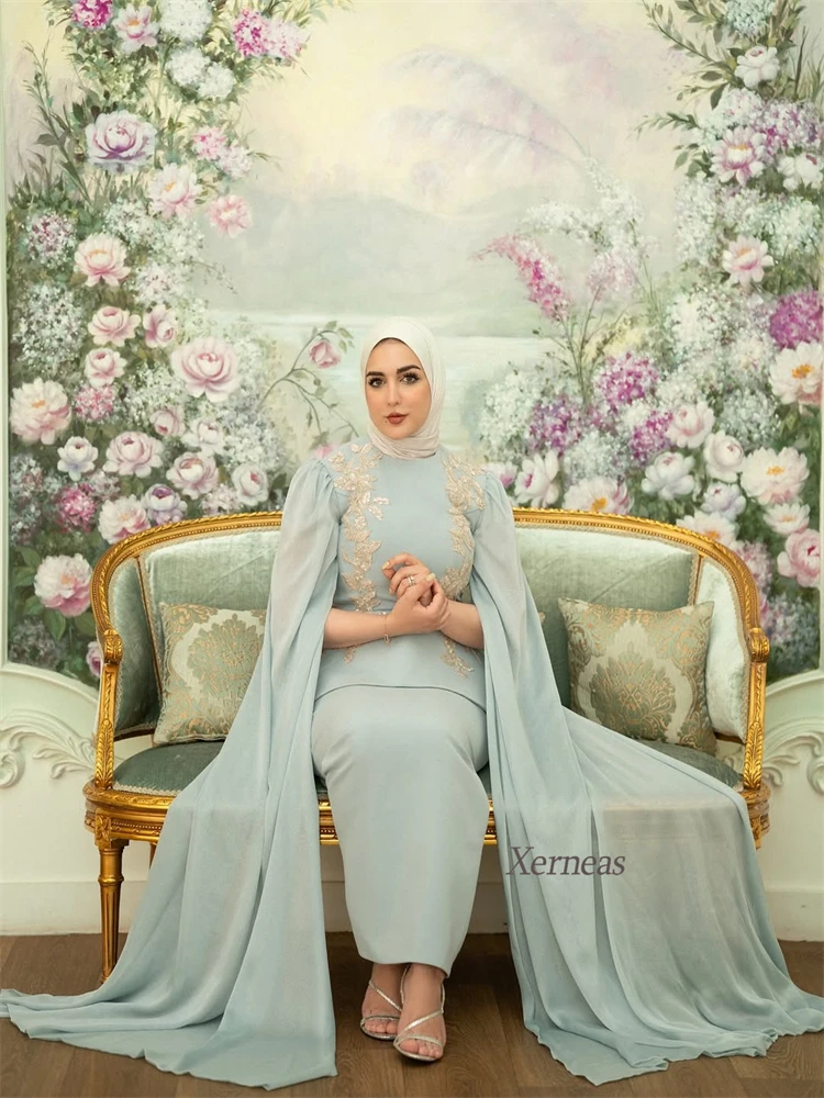 Customized Sky Blue Women Evening Dress with Full Sleeves Straight Party Dress for Formal Prom Ankle Length Cocktail Night Gowns