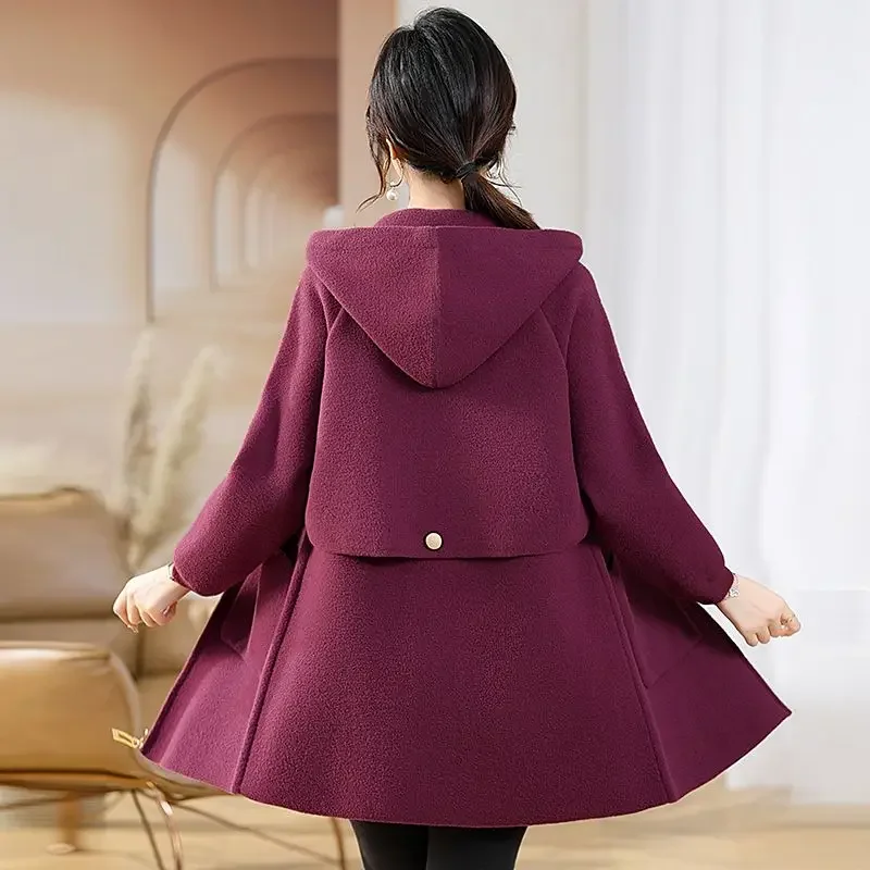 Middle-Aged Women High-End Cashmere Coat Female Elegant Hooded Fashion Mid-Length Wool Outwear Casual Large Size 6xl Outcoat