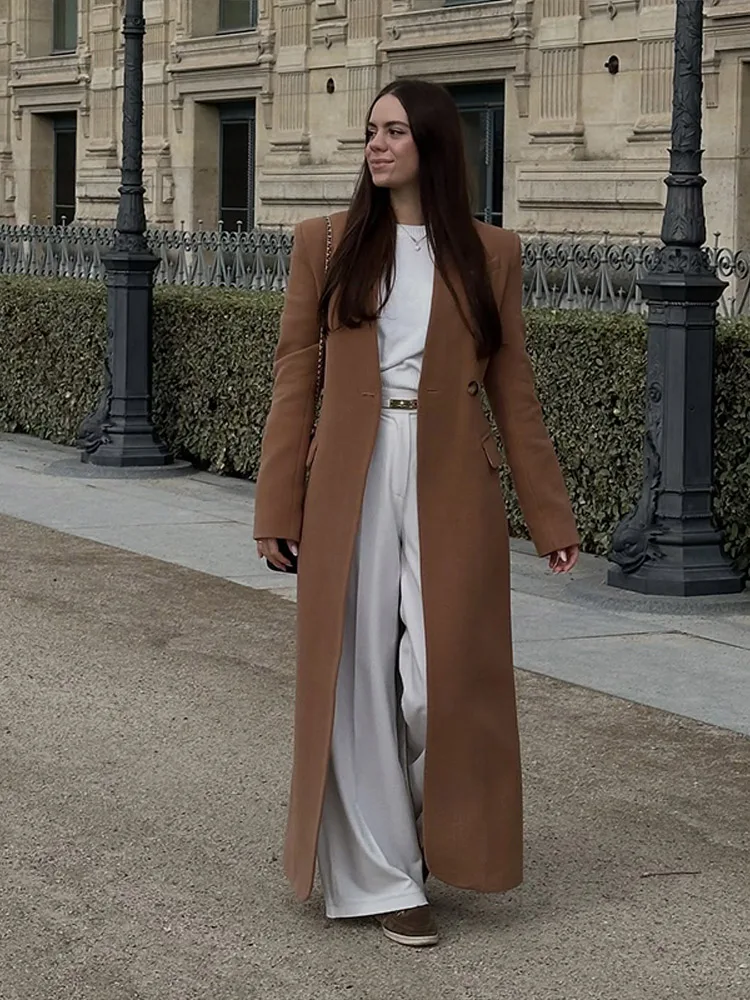 

Elegant Solid Women's Woolen Long Coat Urban Single Button V-neck Pocket Full Sleeve Jacket 2026 Spring Chic Female Outerwear