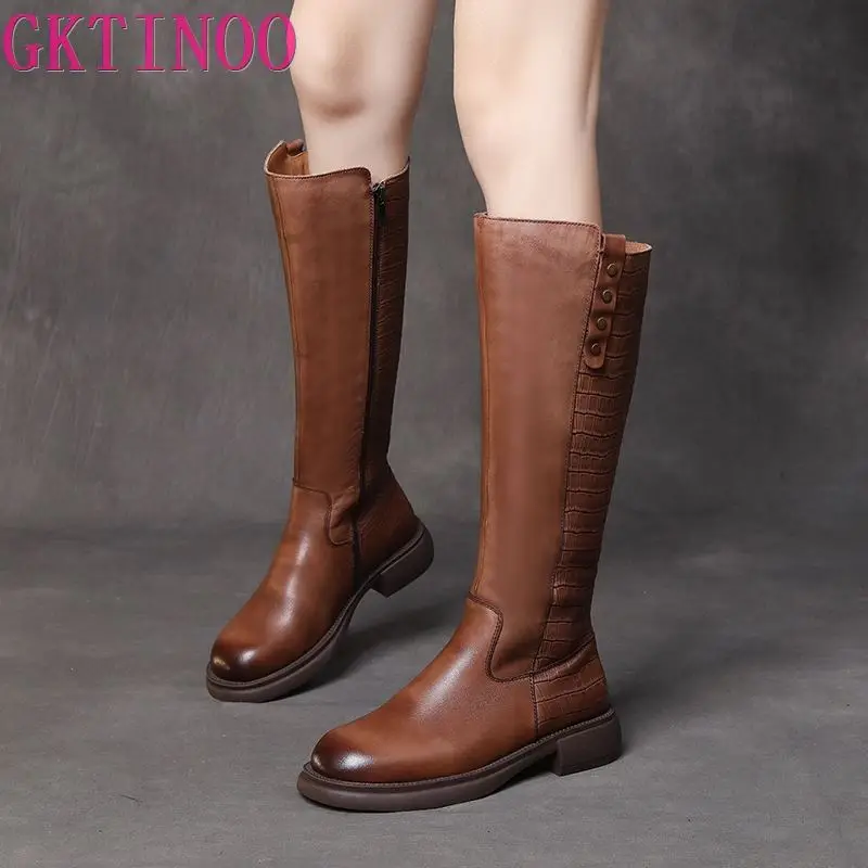 GKTINOO Genuine Leather Long Boots Women Shoes Zip 2024 New Autumn Winter Round Toe Sewing Leisure Concise Platform Boots