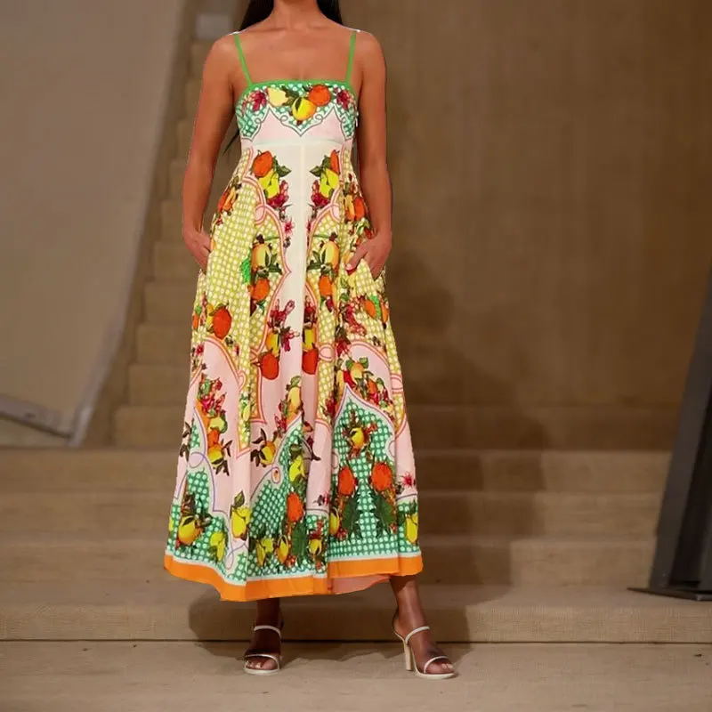 

Casual Printed Pleated One-length Sleeveless Dress For Women 2025 Summer Bohemian Loose Long Dress For Women
