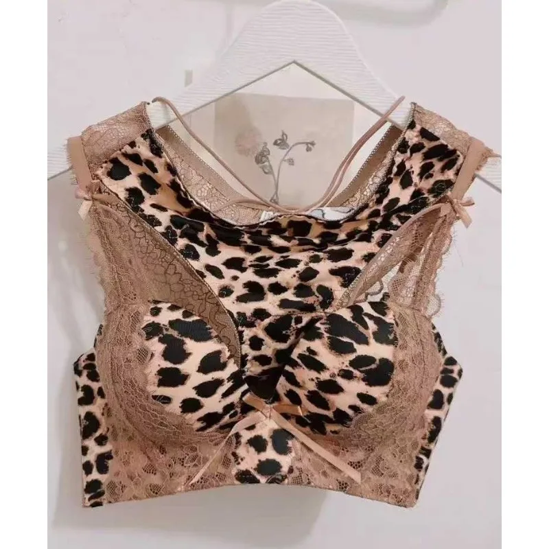 Trägerloses BH-Set mit Leopardenmuster für Damen, sexy Push-up-Dessous, Übergröße S-XL, nicht gepolstert, verstellbares, zweireihiges Bustier S-XL
