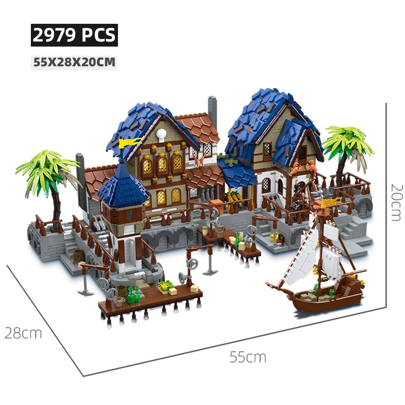 Medieval Architecture Wharf Trade Port Sailboat Transport Ship Building Blocks Streetscape Model Bricks Toy Compatible With LEGO