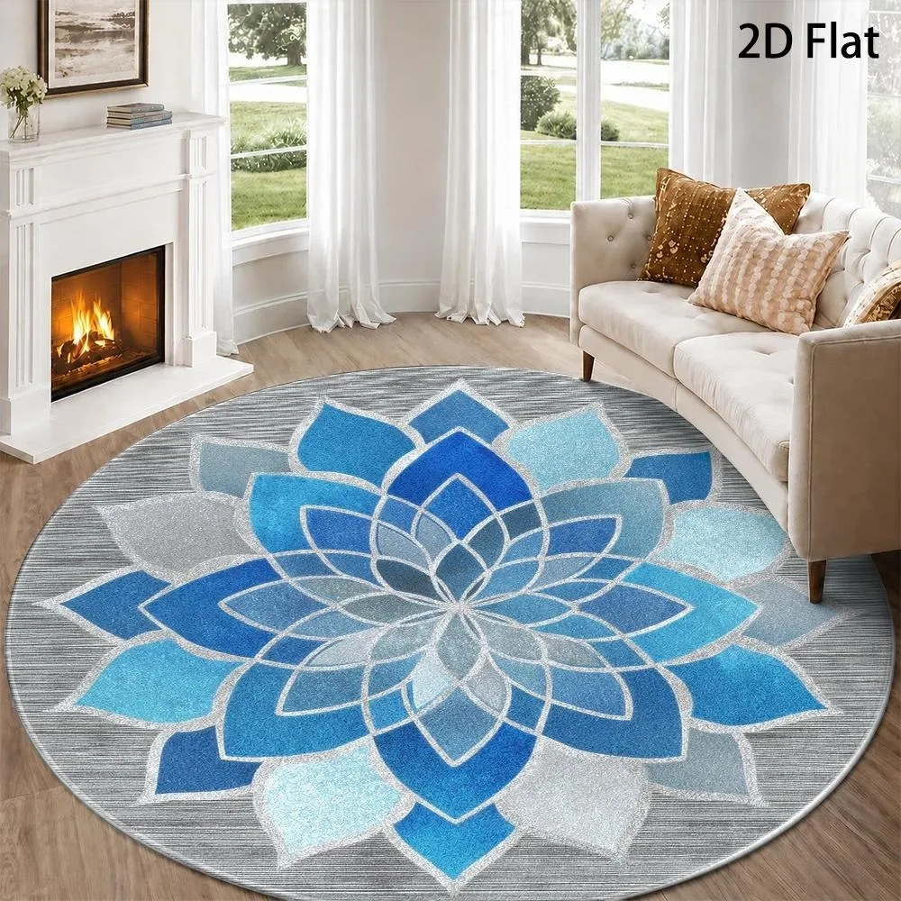 Boho Mandala Lotus Round Carpet Blue Silver Gradient Floral Geometric Mosaic Textured Print Circular Floor Rug for Living Room