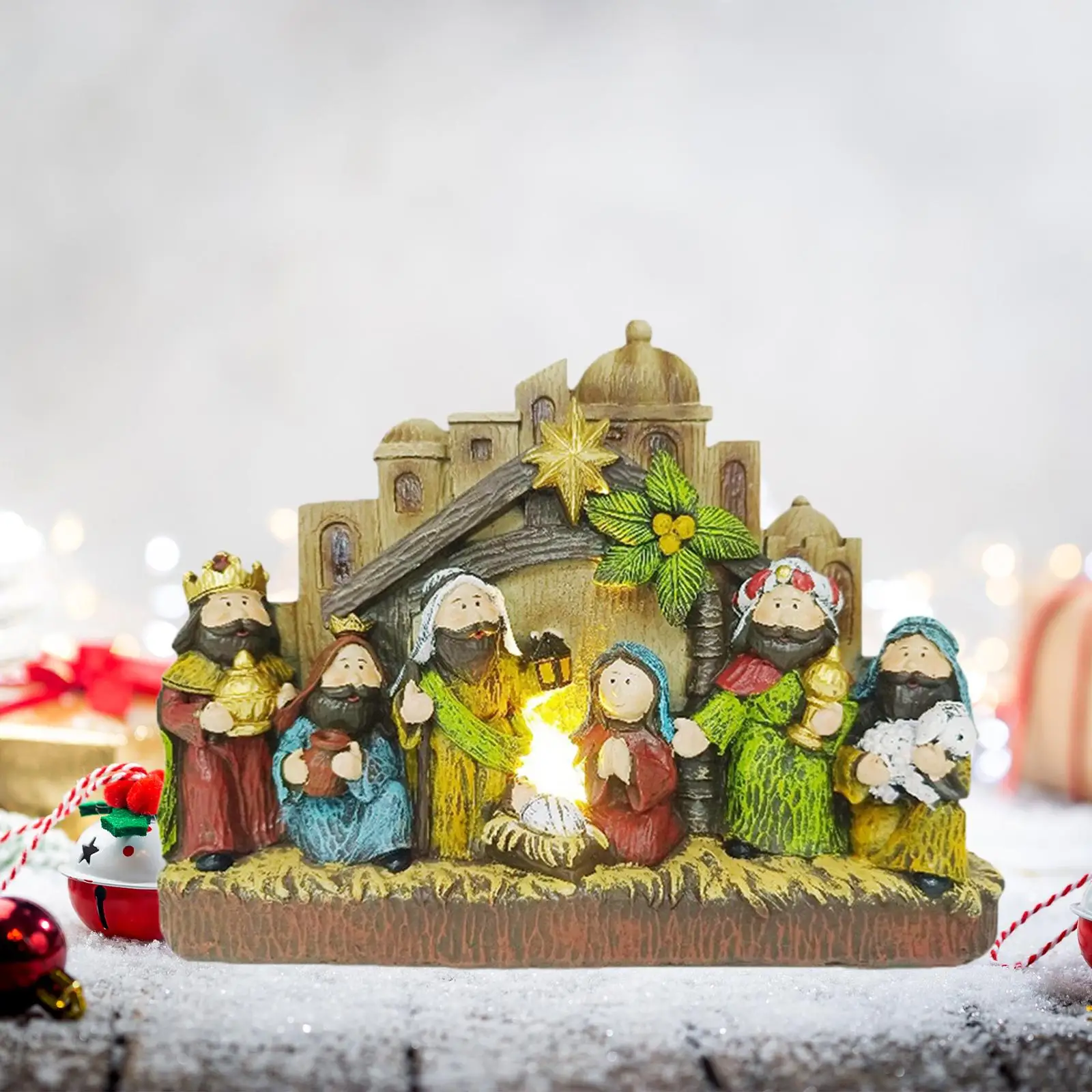 Christmas Nativity Figurines Set Resin Jesus Sculpture for Mantel Decor Holiday Ornament Religious Craftwork Home Decoration