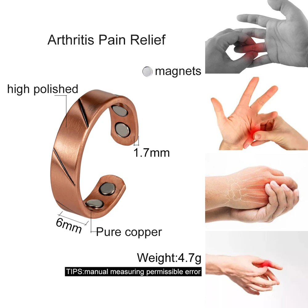 Vinterly Pure Copper Magnetic Rings for Men Women Adjustable Soft Metal High Magnet Line Open Cuff 6mm Wide Resizable Jewelry