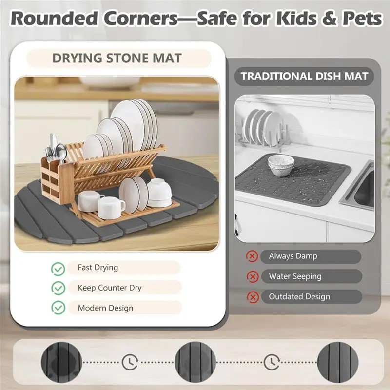 B62B Diatomaceous Earth Drying Mat, Super Absorbent Quick Drying Stone Mat for Kitchen Countertop, Foldable Dark Gray