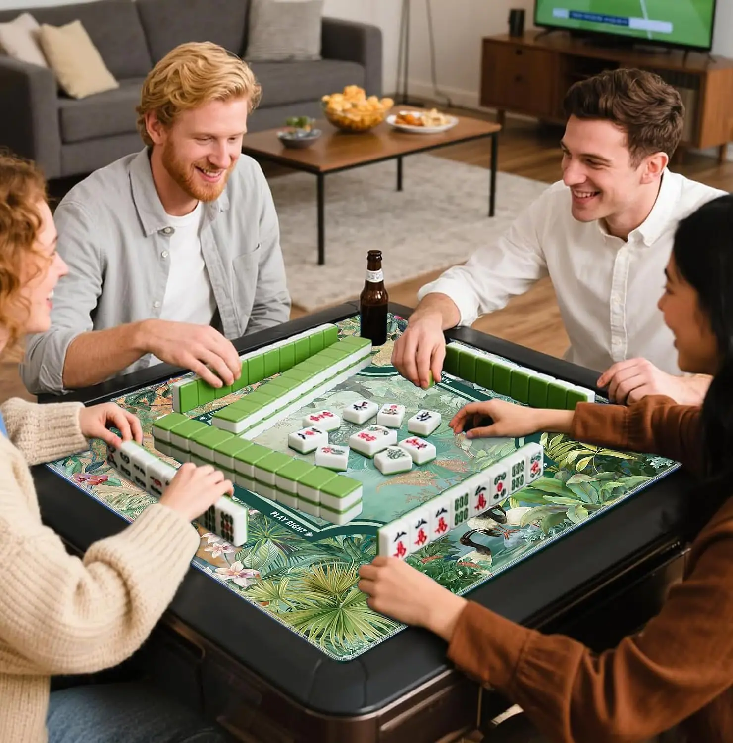 3mm Neoprene Luxury Mahjong Mat 31.5 Inch Green Tropical Jungle Foliage Non-slip Noise Reduction for Mahjong Games