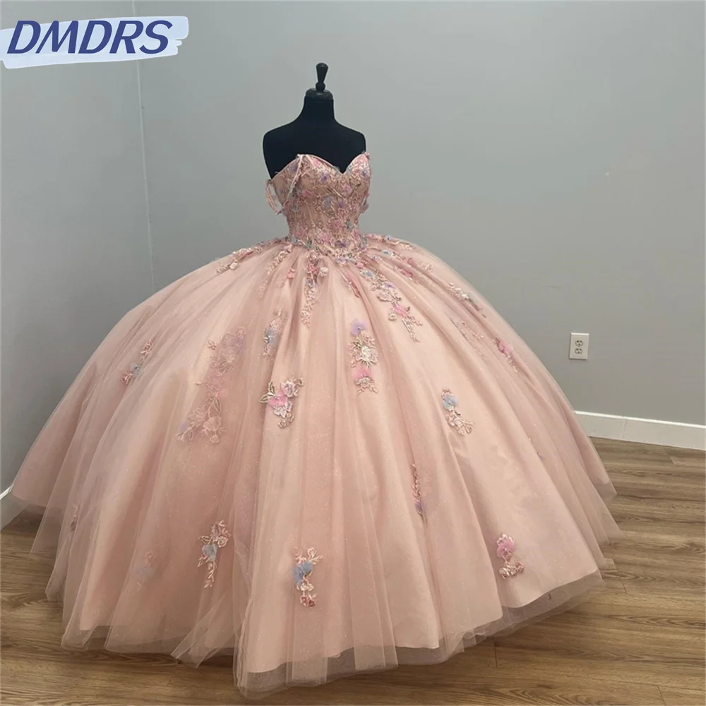 Vestido Quinceanera sem o ombro cristal, querida encantadora, miçangas princesa, vestido de festa, elegante Appliqué 3D, 16 anos