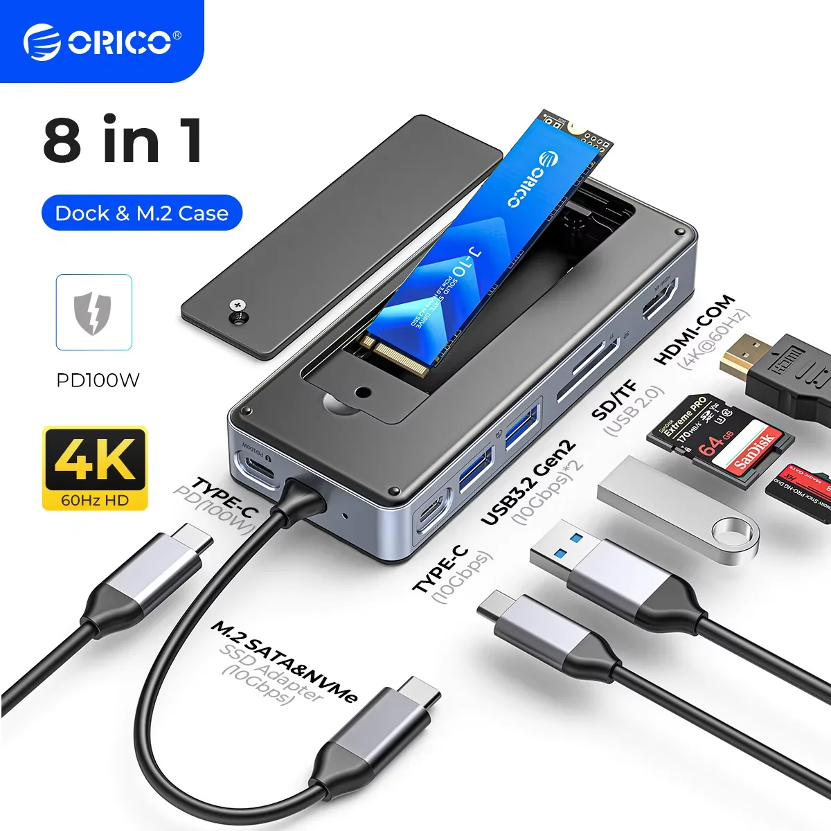 

ORICO-USB C HUB with SSD Enclosure Laptop Docking Station 4K60Hz HDMI-Com 100W PD RJ45 SDTF 10Gbps M.2 NVME SATA SSD 8TB