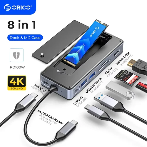 ORICO-USB C HUB con carcasa SSD, estación de acoplamiento para ordenador portátil, 4K60Hz, HDMI-Com, 100W, PD, RJ45, SDTF, 10gbps, M.2, NVME, SATA SSD, 8TB
