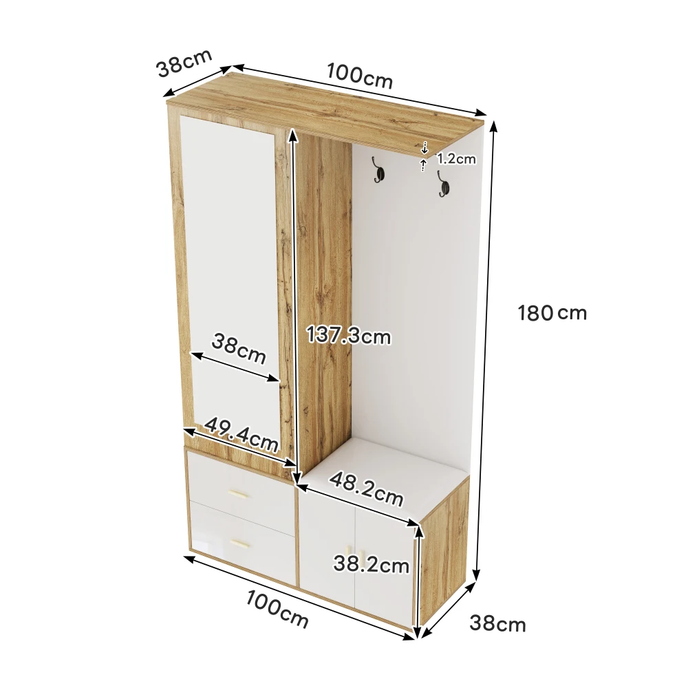PINGGO Edles Garderoben-Set mit Spiegel, Schuhschrank, Schuhbank mit Haken, ausziehbarer Kleiderstange in Weiß und Holzfarben – Detail 2