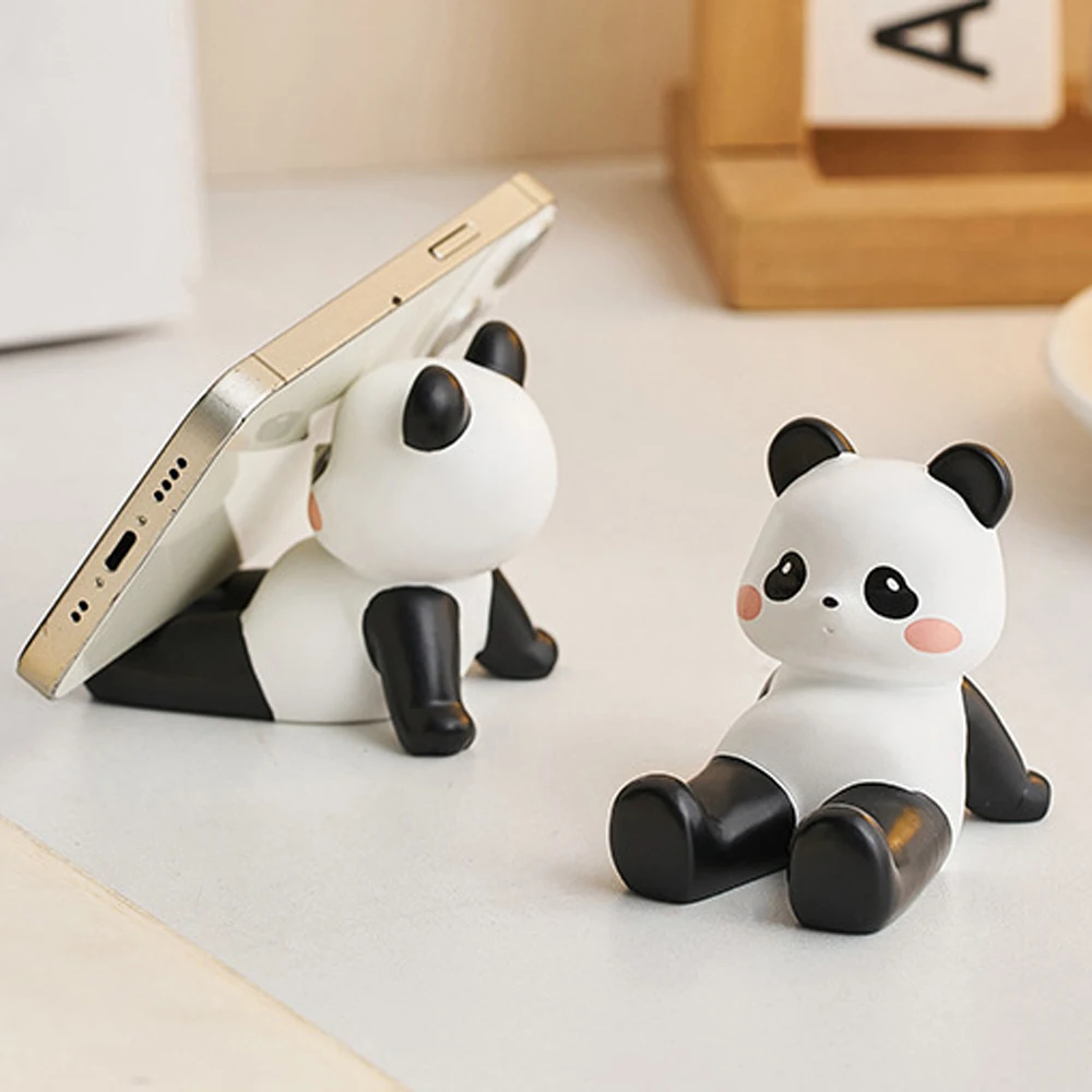 Phone Support Phone Holder Resin Panda Ornament Desk Decor Cartoon Panda Doll Toy Creative Cute Animal Figurines Office Decor