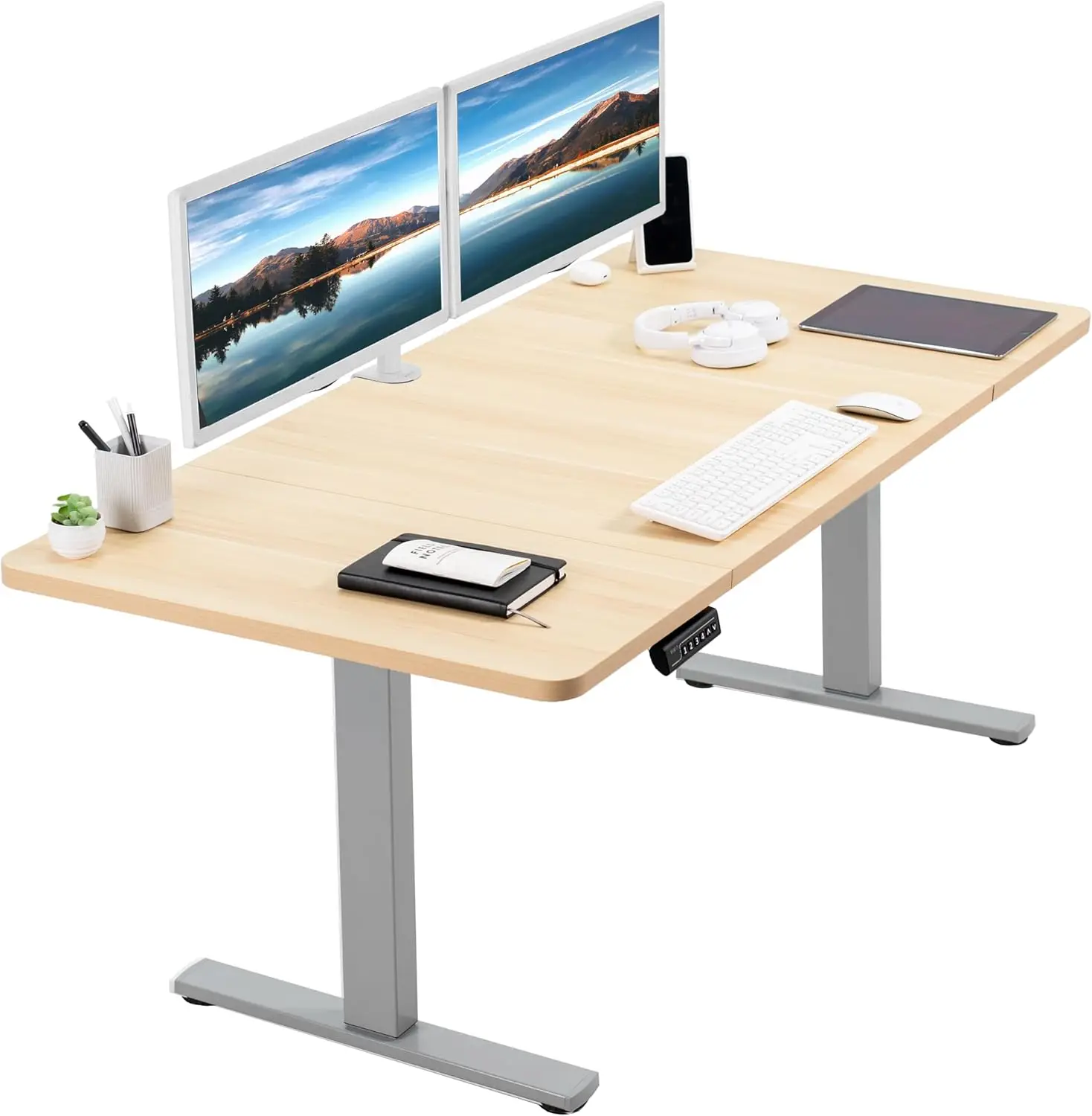 

Electric 60 x 30 inch standing desk workstation, memory controller height adjustment, light wood top grey frame