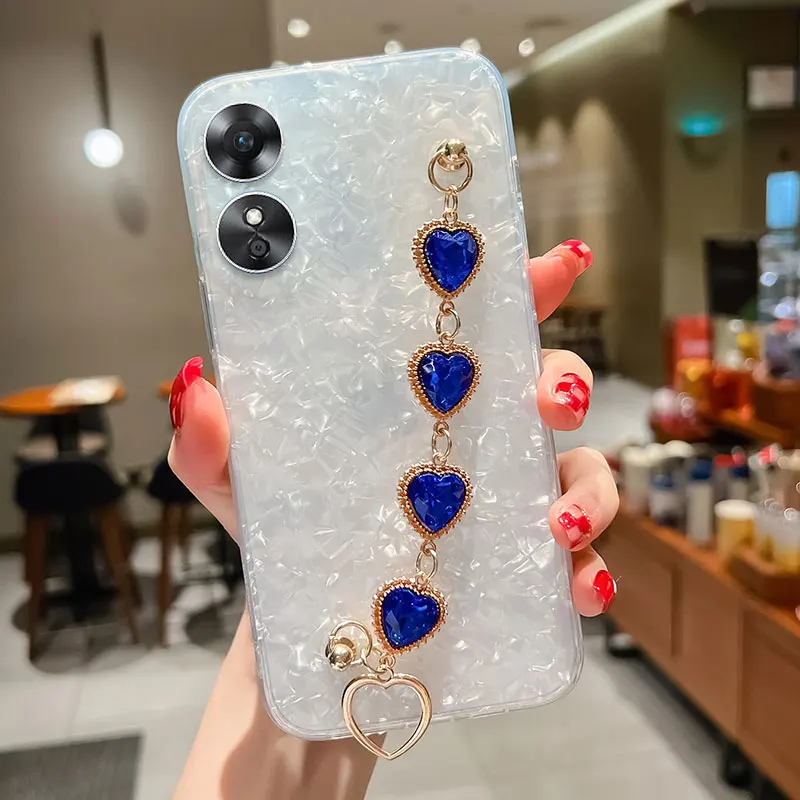 Luxury Diamond Bracelet Chain Phone Case For OPPO A17 Case 6.56\'\' Shell Glitter Heart wrist On A17 A 17 A57S Strap Cover Capa