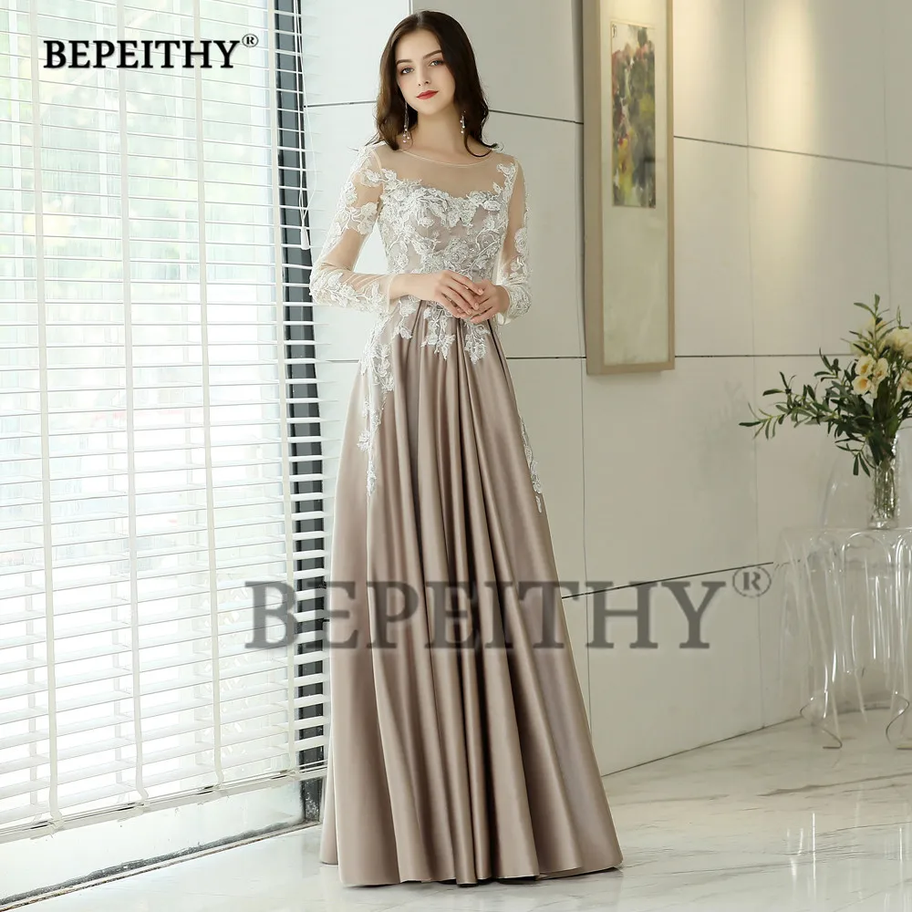 BEPEITHY Customized Full Sleeves Evening Dresses For Women O-neck Lace Appliques Prom Vestido De Noche A-line Satin Gowns Female