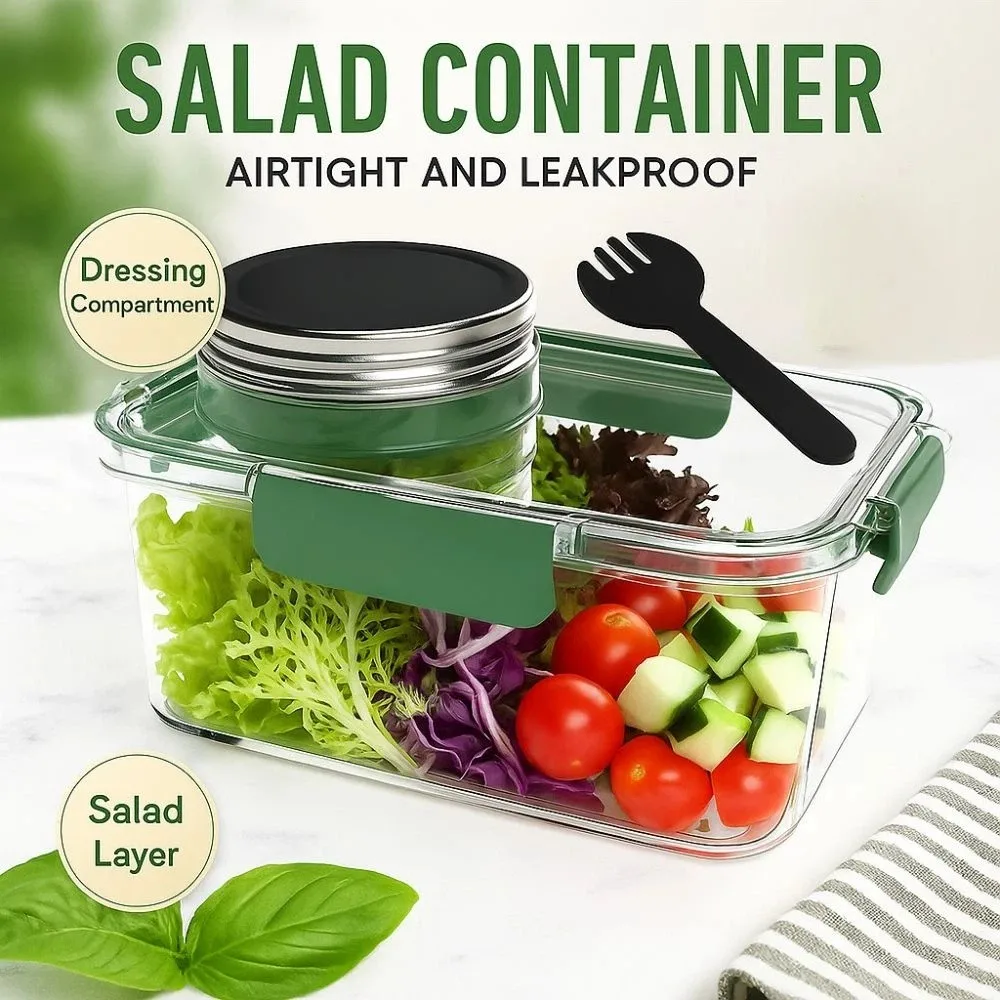 

Portable Salad Pod Mason Jar with Condiment Compartment Matching Fork Salad Container Leakproof Transparent Keep Fresh Salad Box