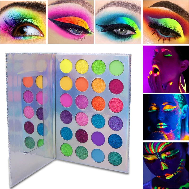 24-Color Fluorescent Eyeshadow Palette with Glow,UV Luminous Water-soluble Body Vibrant Eyeshadow Makeup Valentine's Gift Women