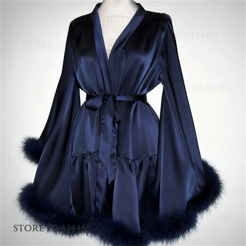 Luxury Feathers Bride Wedding Robe Dress Elegant Big Sleeve Female Bathrobe Kimono Gown Nightgown Silky Satin Homewear Pajama