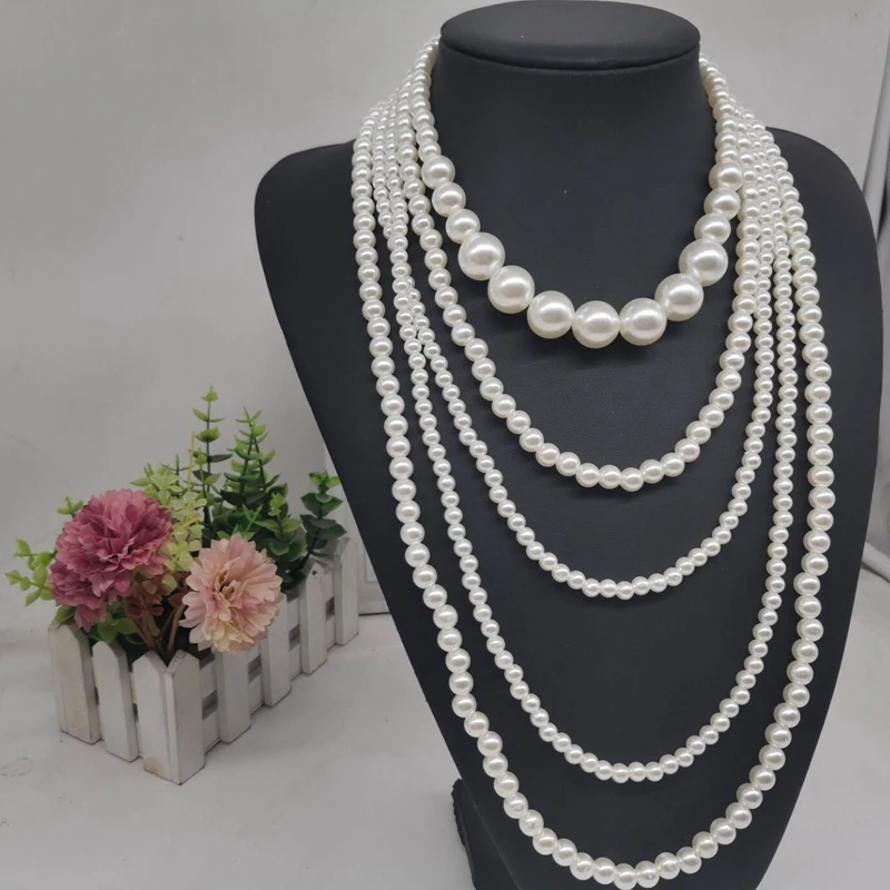 Vintage Imitation Pearl Choker Necklace Art Decor Flapper for Women White Multi-layer Imitation Pearl Necklace Sweater Chain