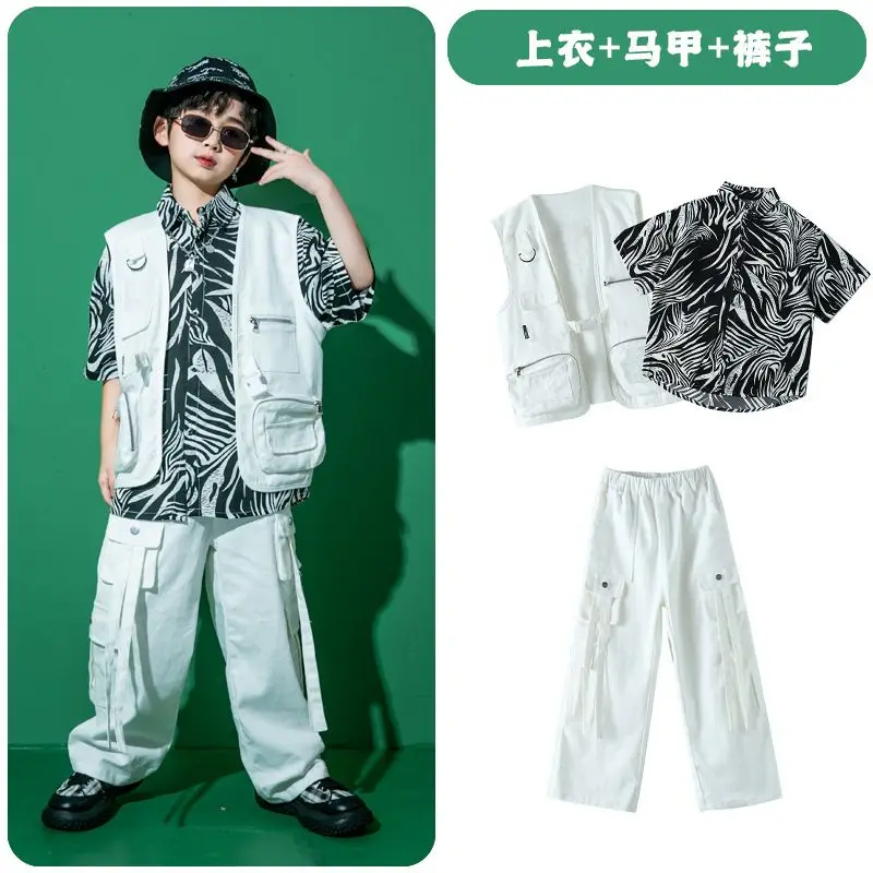 Hip hop street  Crop Top Plaid Pants Boy Loose T-shirt Street Dance Child Streetwear Teen Sweet Clothes Sets Kids Jazz Costumes