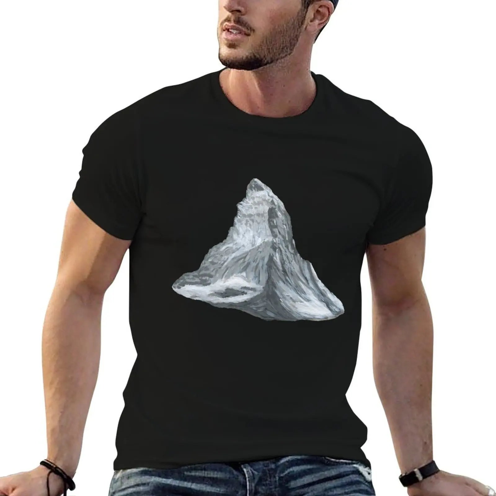 Nature, mountain, Matterhorn, drawing, acrylic, Bebicervin T-Shirt plus size clothes baggy shirts Men's clothing