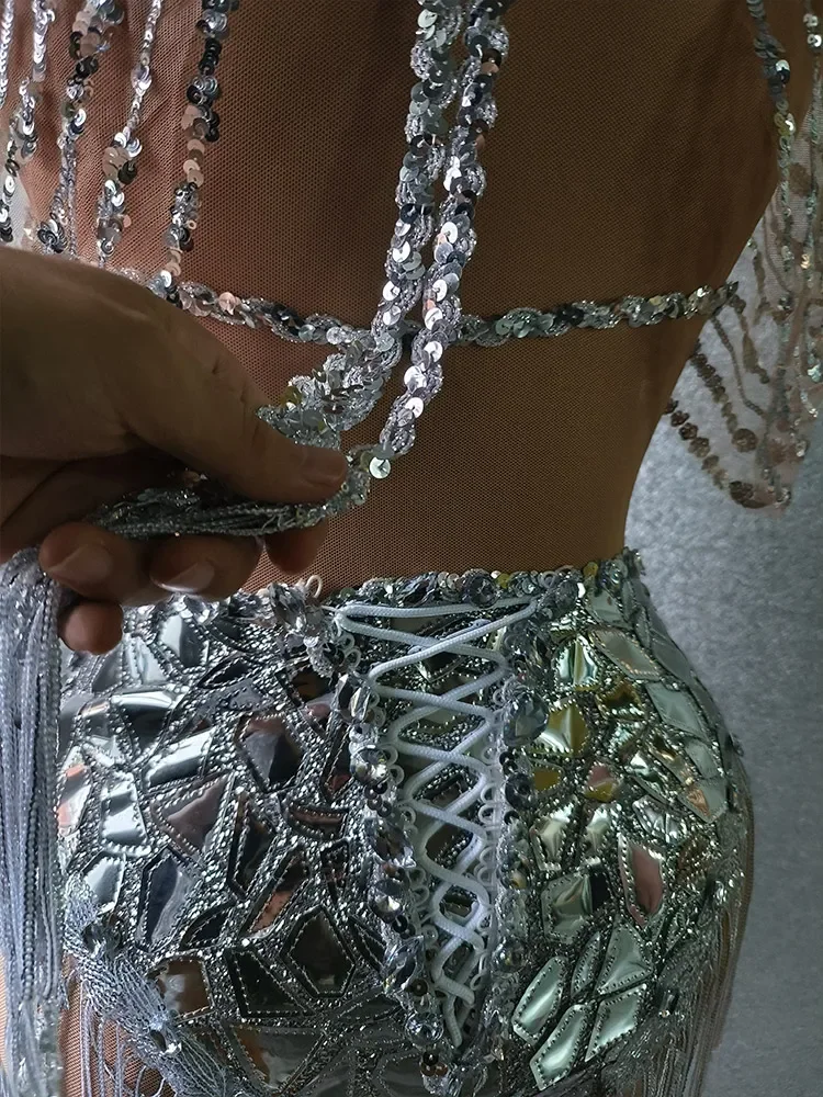 Silver sequins fringed skirts Latin dances jazz dance costumes costume shows nightclub birthday party queens drag costume