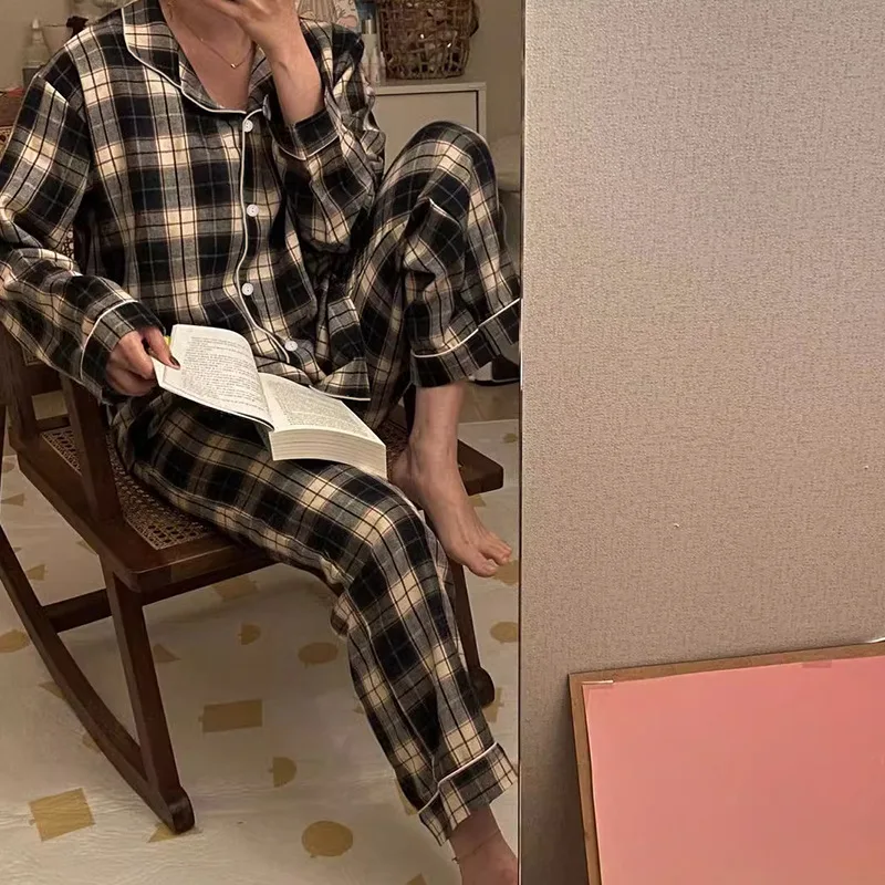 Ins Japanese Casual Pajamas Women\'s Autumn Thin Girl\'s Home Lapel Cardigan Two-piece Set Fashion Plaid Pyjamas Women Homewear