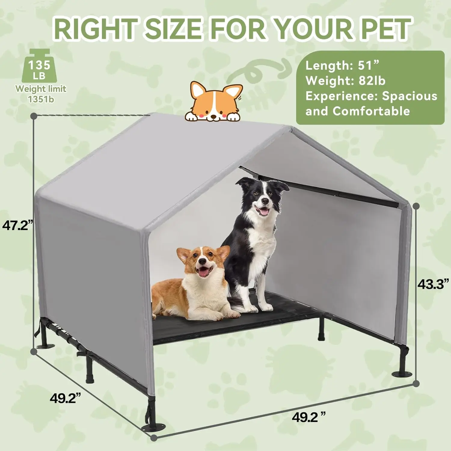 Tent for Large Dogs, 4'x4'x3.6' Outdoor Pet Tent Weatherproof, Outside Sun Rain Canopy Pet Houses with Elevated Dog Bed for Dogs