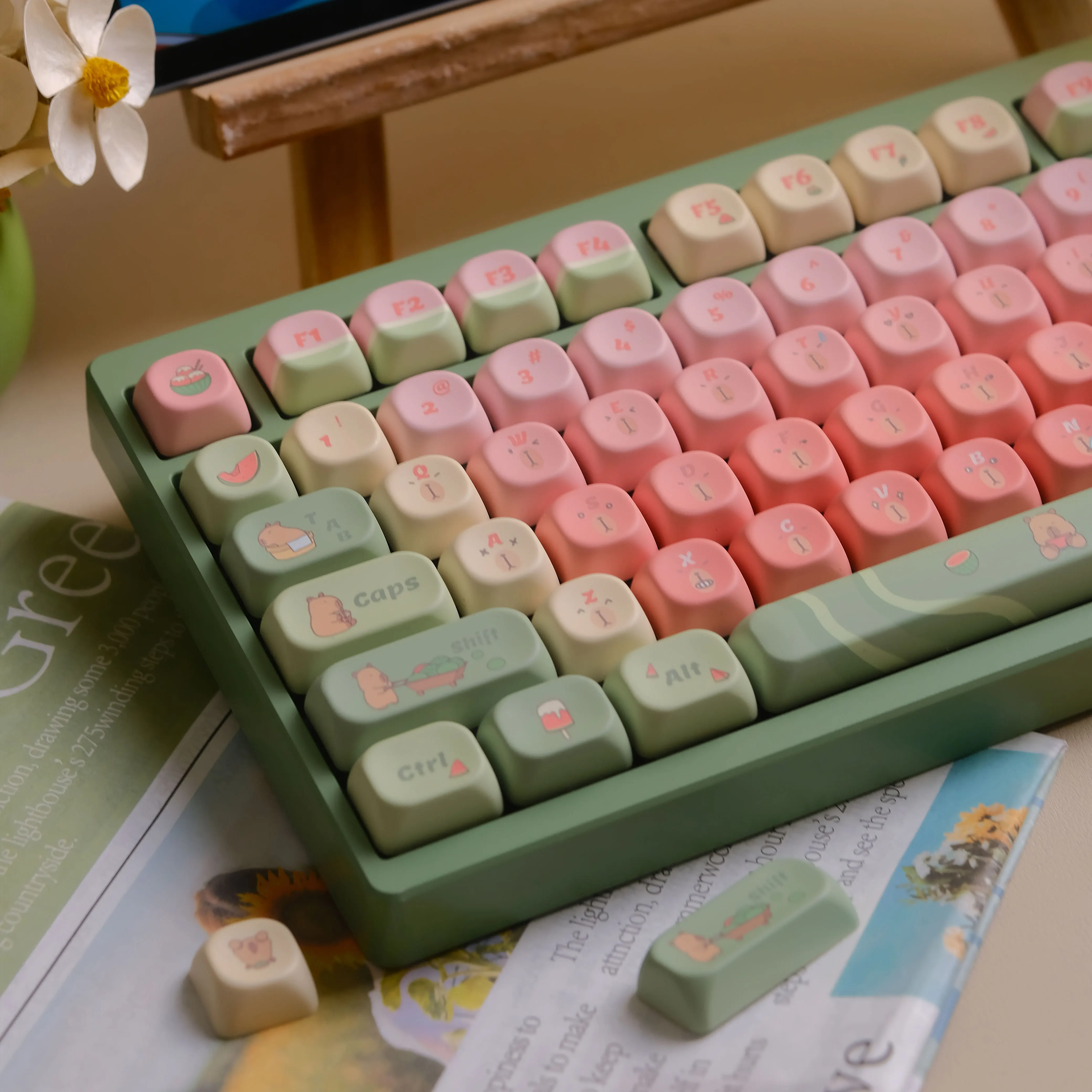 

Колпачки для клавиш Capybara Watermelon MOA, 131 клавиша, 5-сторонние колпачки для клавиш Dye Sub PBT для переключателей Gateron Cherry MX, механические клавиатуры