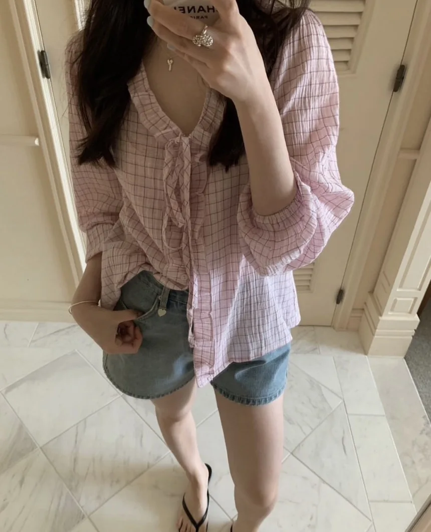 

2Colors Autumn Spring 2026 Korean Chic Style Ruffle See Through Long Sleeve Plaid Blouse Female Outwear tops (yx1201