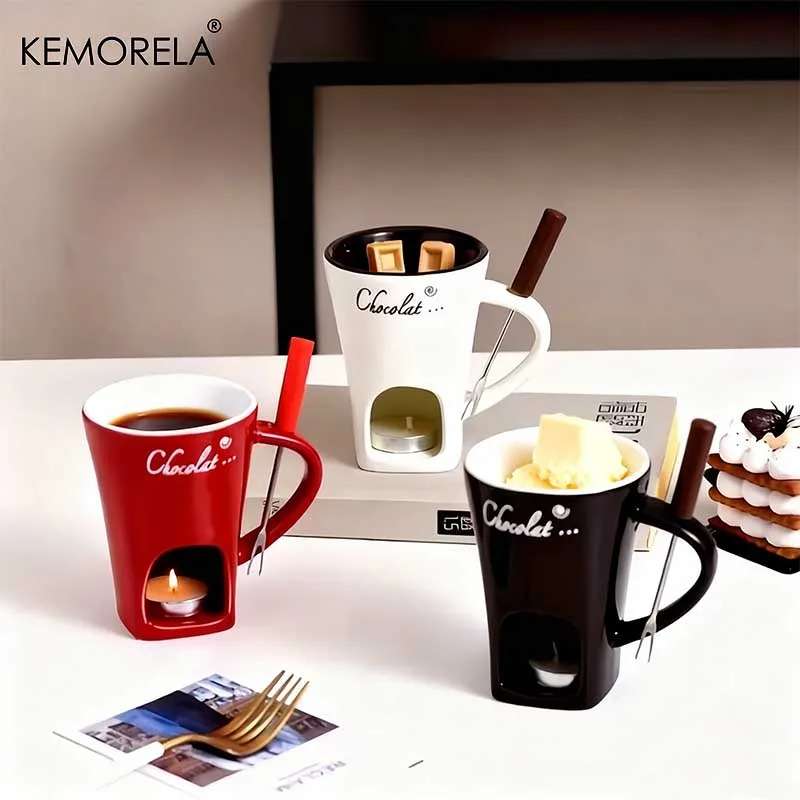 KEMORELA Taza de chocolate de cerámica 1PCS 150ML para café calentado, queso, helado, con 1 tenedor, utensilios para beber esenciales de invierno