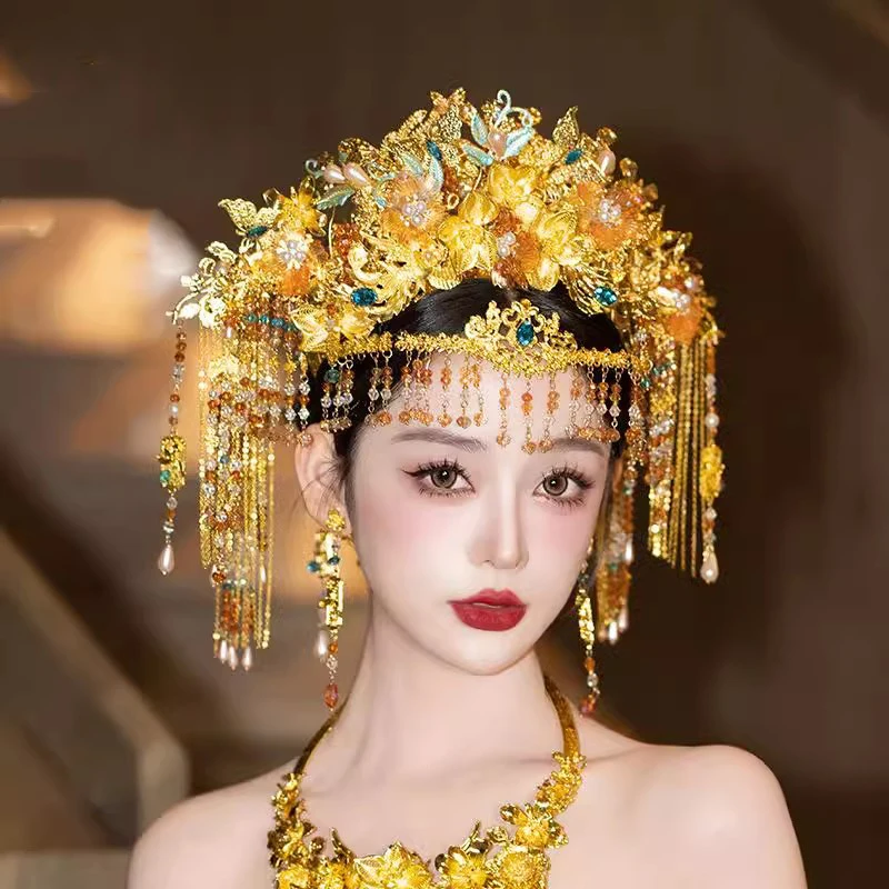 HIMSTORY Retro Chinese Wedding Hair Accessories Yellow Age-reducing Forehead Chain Exotic Xiuhe Costume Headdress