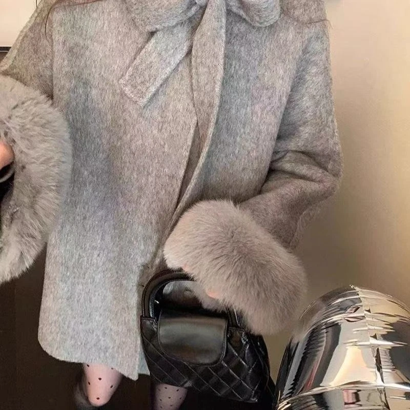 

Gray Coat Women Fur Cuff Bow button Long Sleeve Warm Winter Outerwear Aesthetic Casual Daily Fashion Coat Retro Elegant Outwear