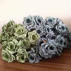7Heads Roses Bouquet Artificial Flower Haze Blue Sage Green Bean Paste Green Fake Rose Retro Living Room Decoration Wedding