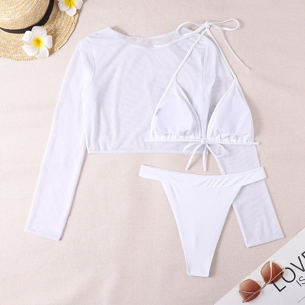 Conjunto de Bikini de manga larga para mujer, traje de baño de 3 piezas con Tanga, color blanco, neón, 2024