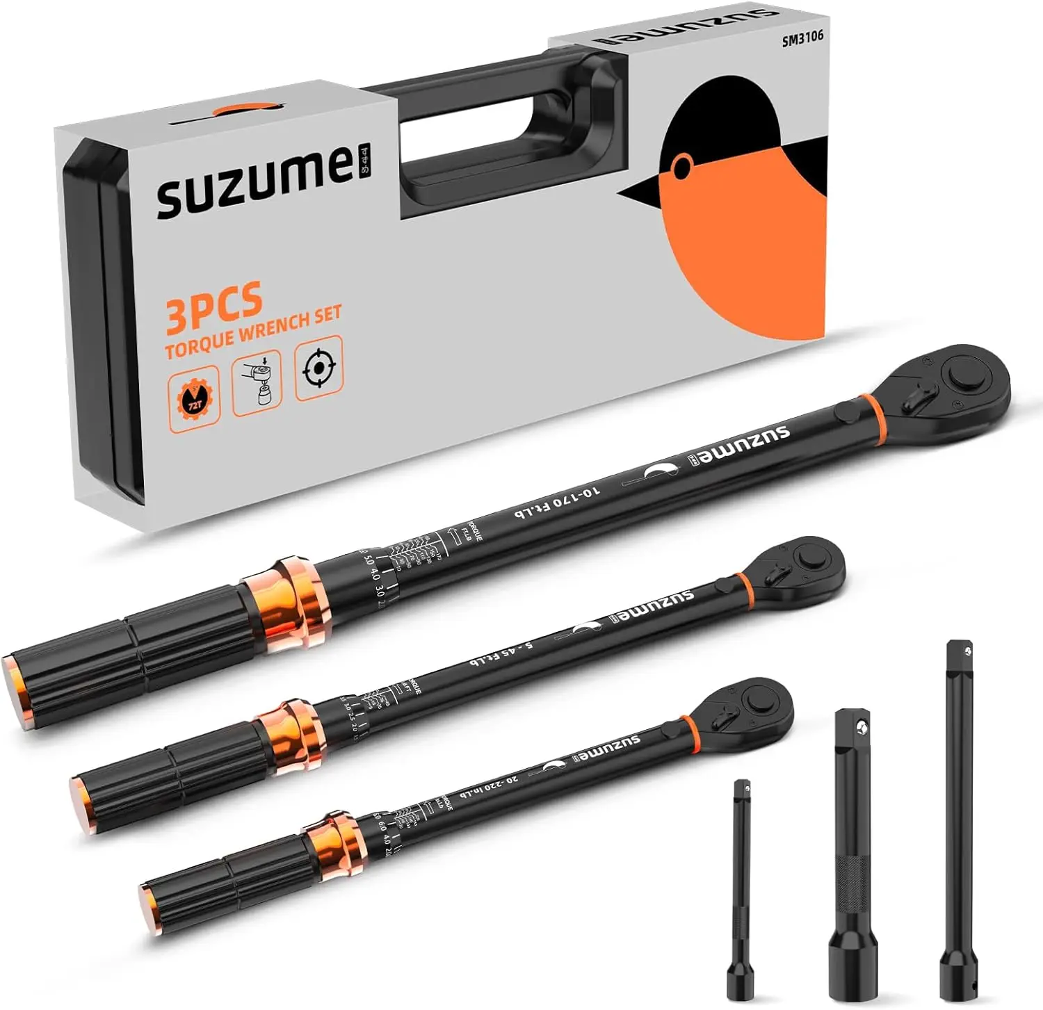 

3PCS Torque Wrench Set 72 Teeth Dual-Direction Adjustable with Dual Scales 1/4 & 3/8 & 1/2-Inch ±3% Accuracy Click Type