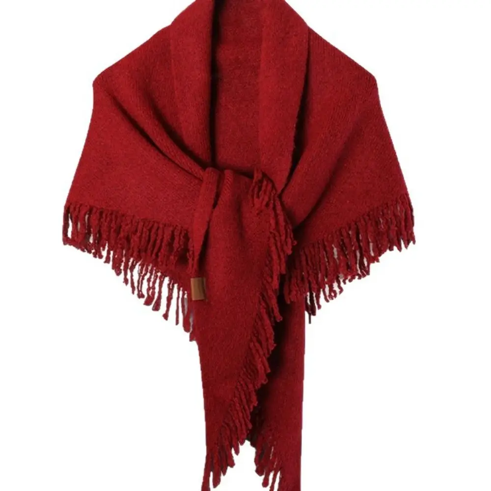 Elegant Solid Color Large Triangle Shawl Windproof Wool Knitted Scarf Warm Neck Wraps Tassels Scarves Vacation