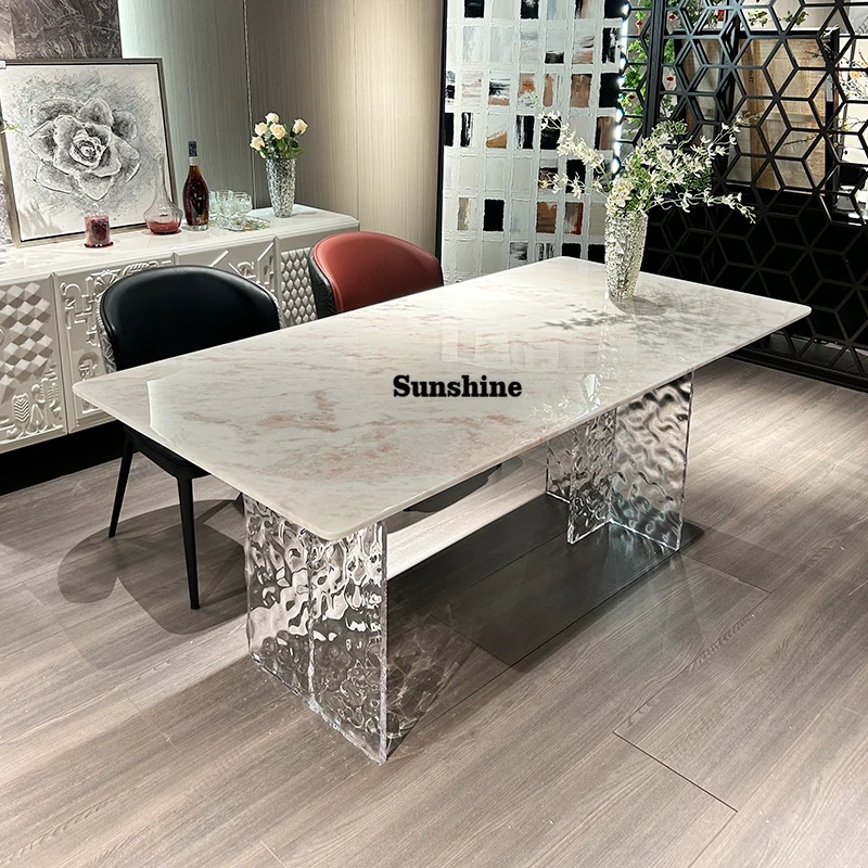Floating Pink Luxury Stone Table with Acrylic Base, French Cream Style Designer Dining Table, Heat & Stain Proof, Customizable